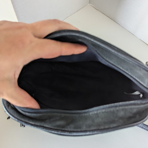 Navy Suede Purse Crossbody Bag with outside pocket with gold accents - Picture 7 of 9